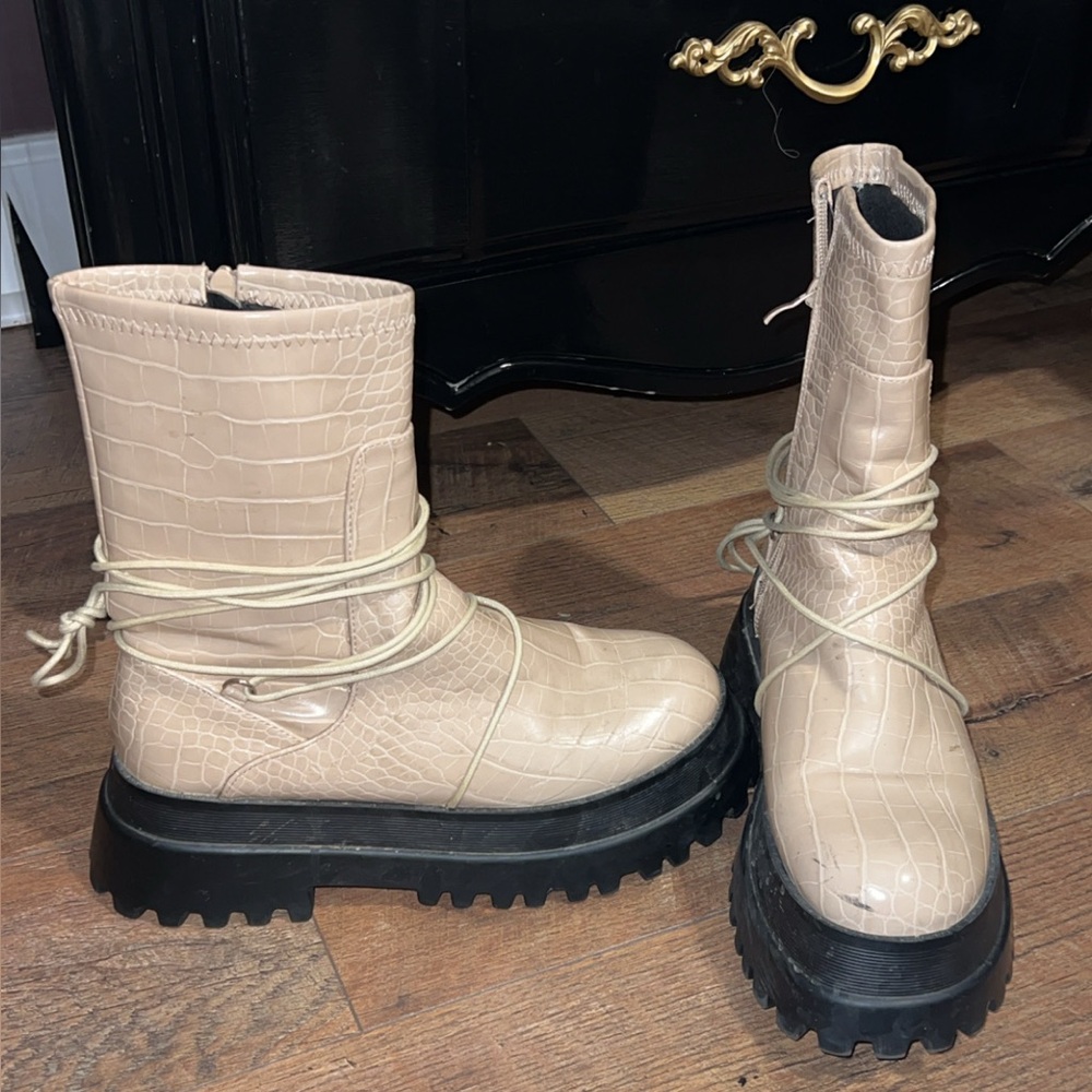 Beige Croc-Embossed Women's Boots